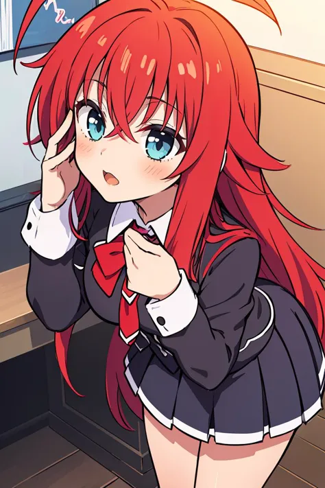 anime girl with red hair and blue eyes in a school uniform