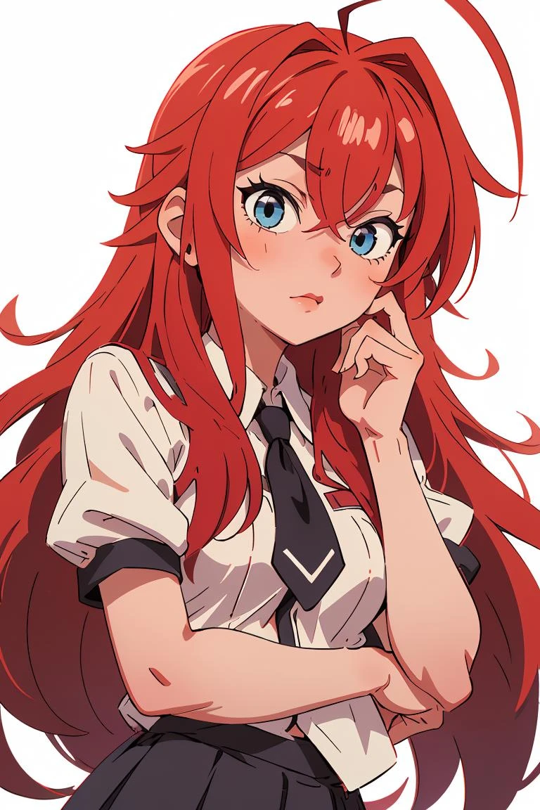 (Obra de arte, melhor qualidade), 1 garota, rosto bonito,  rias_Gremory, cabelo longo, ahoge, cabelo entre os olhos, , saia plissada