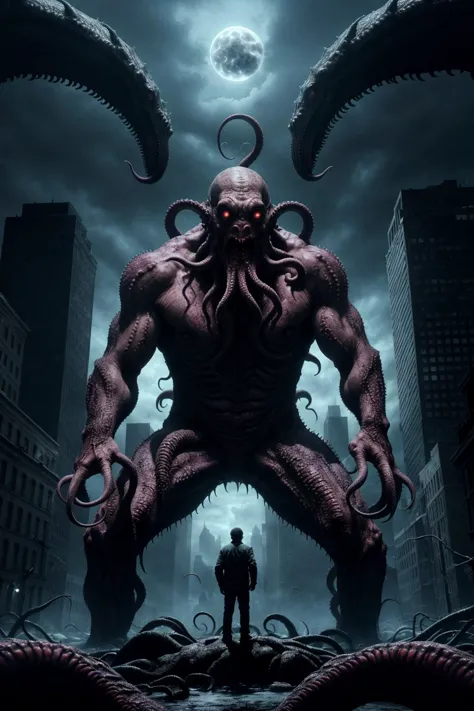 epic lovecraft theme, giant cthulhu (looks down:1.1) BREAK small angry man looks up, monsters from deep, tentacles, horror, nigh...