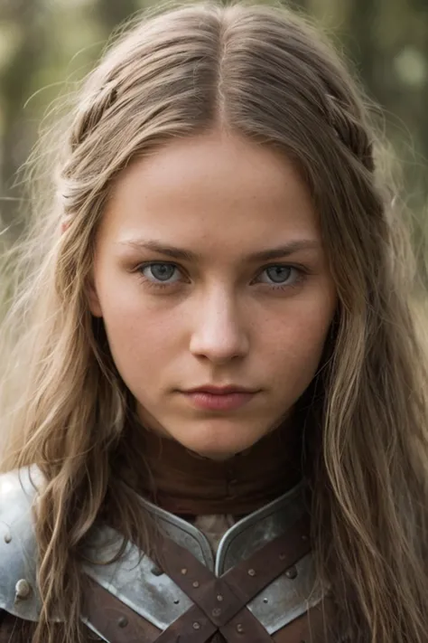 close up photo of a beautiful Heroic young Nordic woman, warrior looking at viewer, shy