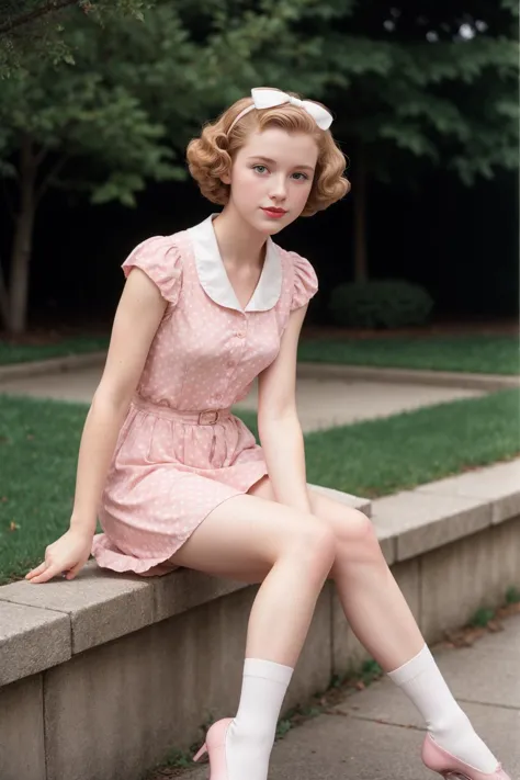 1950s Suburbia \(style\)  photo of fit, thin  21 year old  jp-Kraasni-50 ,Soft curls, light eyeliner, pink lips, Polka dot dress, white ankle socks, ballet flats, Picket fence, manicured lawn, bicycle with basket, Canon EOS 5D Mark IV, 50mm f/1.8, 1/100s, ISO 160, Fujifilm Provia 100F