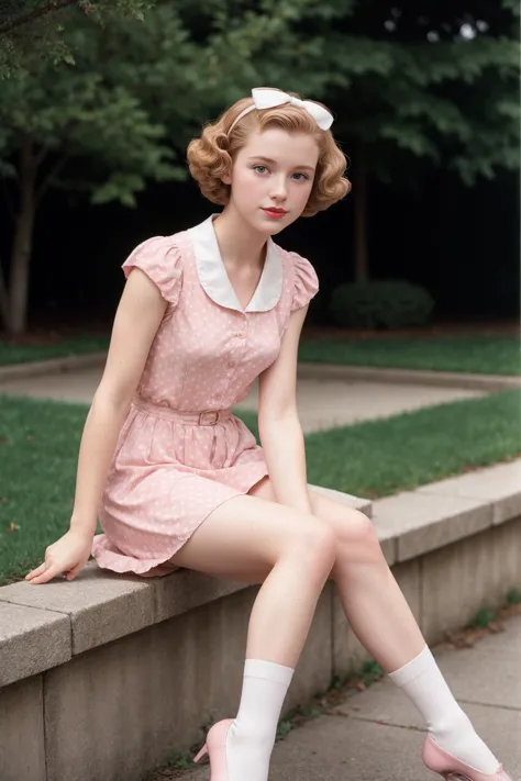 Vorstadt der 1950er Jahre \(Stil\)  Foto von Passform, dünn 2 jp-Kraasni-50 ,weiche Locken, leichter Eyeliner, pinke Lippen, Kleid mit Punkten, weiße Söckchen, Ballerinas, Lattenzaun, gepflegter Rasen, Fahrrad mit Korb, Canon EOS 5D Mark IV, 50mm f/1.8, 1/100er, ISO 160, Fujifilm Provia 100F