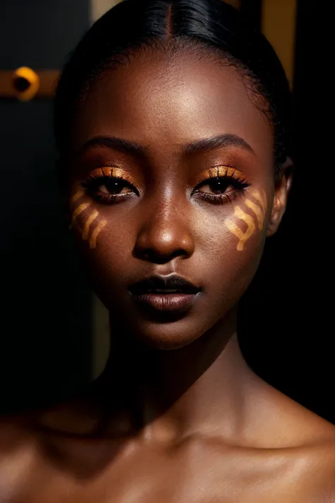 um contato visual de uma mulher de Uganda, (pele negra:1.3), holofote amarelo, tema escuro, , luxuoso, Sombra preta fosca com vinco cortado, batom metálico, proporção áurea, olhos amendoados, sardas, clássico, iluminação suave, Bokeh, 