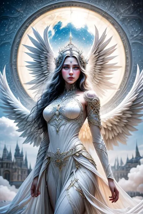 masterpiece,best quality,absurdres,high details,8K,photorealistic,ethereal fantasy concept art of  amazing body,at distance,posing,flirting,(playful gaze, smirking:1.05),celestial,angel,goddess,holy,saint,halo,wrenchsfantasy,fantasy,glowing,glowing eyes,. magnificent, celestial, ethereal, painterly, epic, majestic, magical, fantasy art, cover art, dreamy