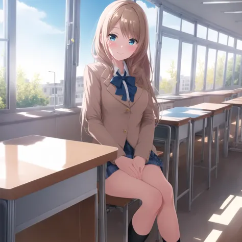 (masterpiece, best quality), 1girl, solo, ipfran, school_uniform, <lora:fran-000010:0.75>, smile, blush, full-face_blush, sitting, crossed_legs, classroom, desk, school_desk, window, curtains, day