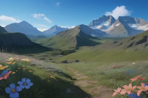 there is a picture of a mountain scene with flowers in the foreground