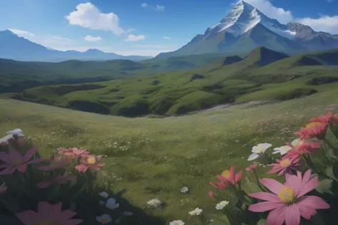 there is a painting of a mountain with flowers in the foreground