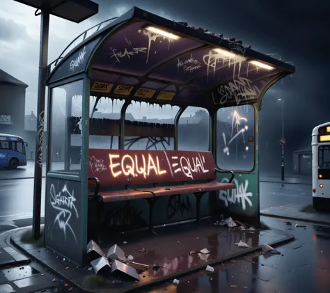 <lora:Harrlogos_v2.0:1> ('EQUAL?' text graffit:1.4), UK bus shelter,rusted, abandoned, broken, smashed glass, wrecked, trash, li...