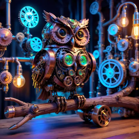 An intricate highly detailed robotic steampunk owl with a neon glow sat high on a wooden branch, a masterpiece of a scene with a...