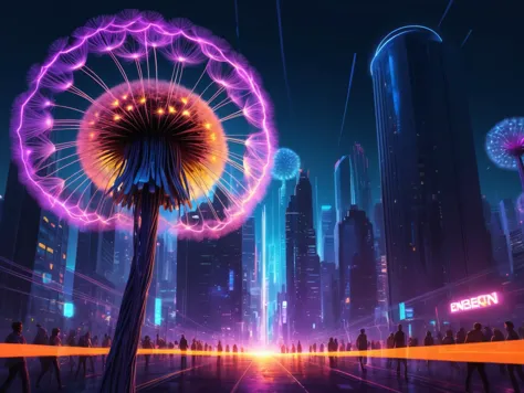 A futuristic bustling cityscape powered by the energy of a giant, glowing neon dandelion, extreme detail <lora:Neon_Environments...