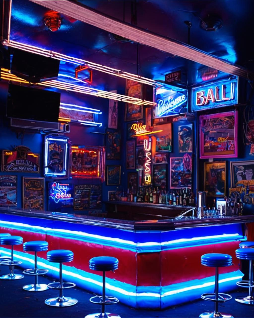 A dimly lit bar with stools and neon signs in a dark room - SeaArt AI