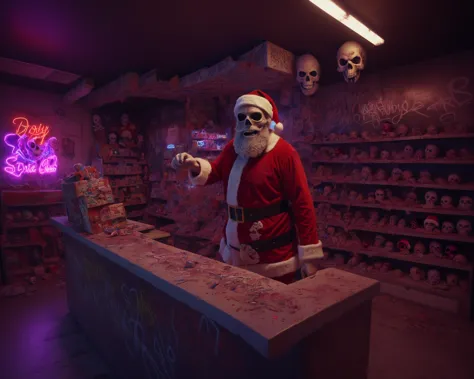 epoxy_skull,<lora:epoxy_skull-sdxl:1>, santa claus stood at toy shop counter ready to pay, dirty ripped santa suit, matted beard...