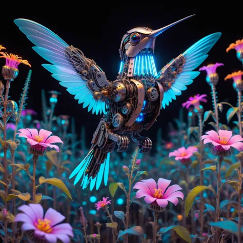 An intricate highly detailed robotic steampunk hummingbird pollinating a field of bioluminescent neon flowers, a masterpiece of ...