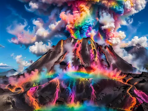 A majestic volcano erupting with multi-colored neon lava, streams of rainbows, colorful clouds, and ethereal light. The sky arou...