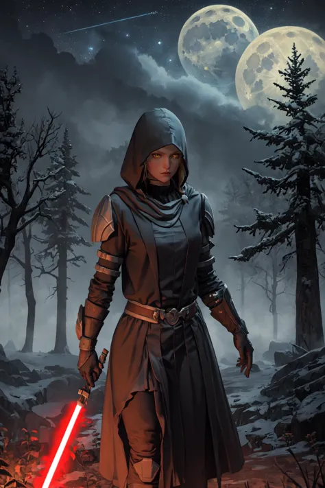 a woman in a dark robe holding a light saber in front of a full moon