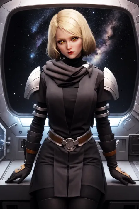 (masterpiece, best quality), space, starry sky, spacecraft interior, cowboy shot, 1girl, solo, lanabeniko, yellow eyes, lipstick...