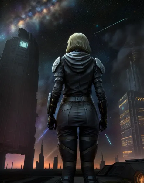 (masterpiece, best quality), outdoors, ruins, future city, cyberpunk, space, starry sky, spacecraft, full body, 1girl, solo, lan...