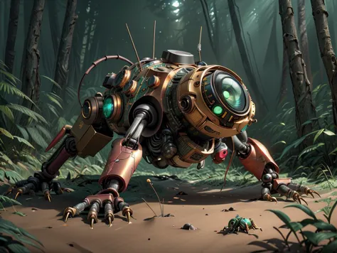 a close up of a robot in a forest with trees