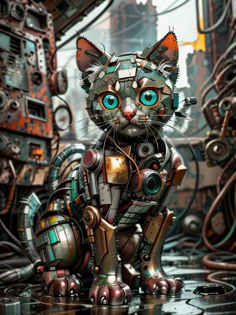 a scrapbot close up of (cute:0.80) wet kitten, wet fur, in (inside a factory ruin), broken windows, puddles, rust, (old machinery),, 
<lora:ScrapBot:0.9> scrapbot, robot,
(UHD:1.1), 
(detailed background visible:1.2),
(Style: subsurface scattering, (pui), analog style, realistic, film photography, highres photo, cinematic Lighting, trending on artstation),(Photorealistic:1.2),
(detailed), sharp, HDR, high quality, good resolution, maximalist, masterpiece, (Golden ratio),(detailed background:1.2), (background visible), (detailed hyperrealism),