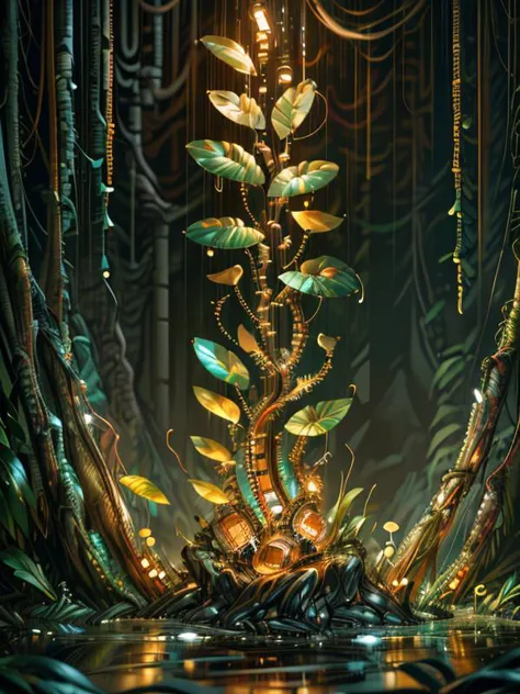 a digital painting of a tree with many leaves and lights