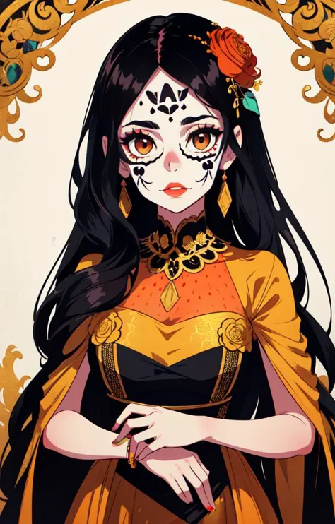 1girl,solo,girl,painted face,ornate face paint,black hair,long hair,messy hair, brown skin,brown eyes,long dress,beautiful dress,ornate dress,dress with gold accents,dia de los muertos dress,dia de los muertos aesthetic,flowers, cinematic, high contrast, beautiful mexican background,complementary colors,wallpaper,