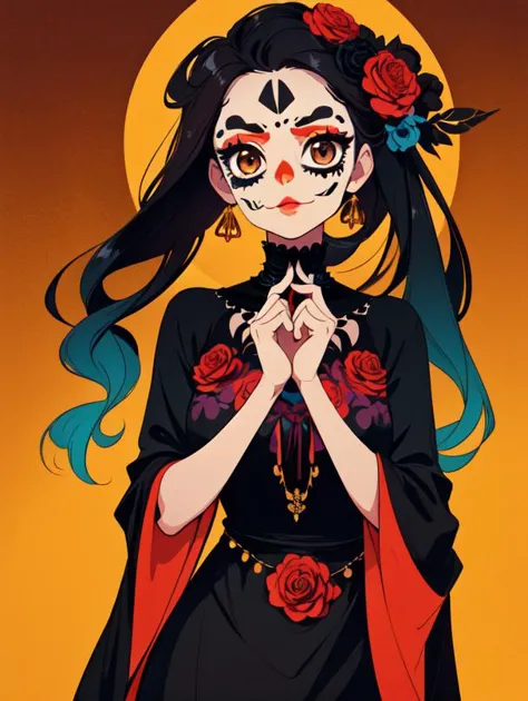 1girl,solo,girl,painted face,ornate face paint,black hair,long hair,messy hair, tanned skin,brown eyes,long dress,beautiful dress,ornate dress,dress with gold accents,dia de los muertos dress,dia de los muertos aesthetic,flowers, cinematic, high contrast, beautiful mexican background,complementary colors,wallpaper,