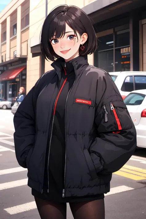 anime girl in black jacket standing on street corner with cars