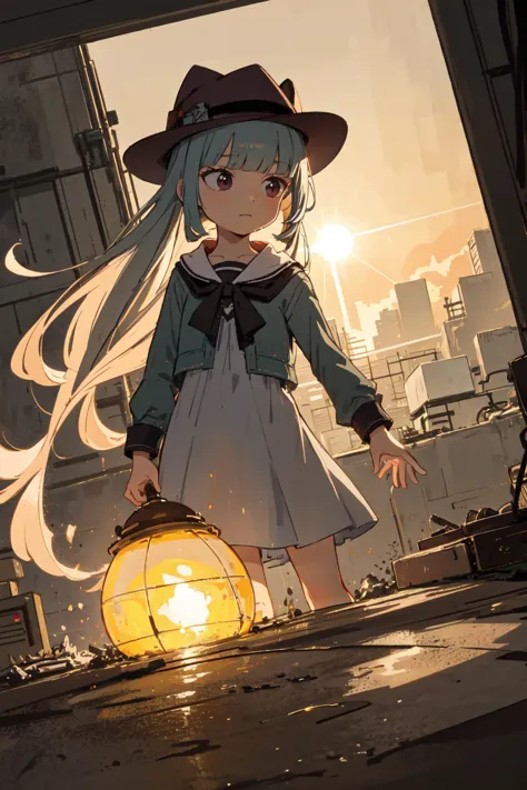 anime girl with a lantern in her hand standing in front of a building