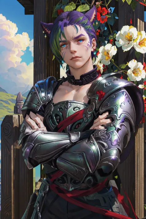 a close up of a person in armor with flowers in the background