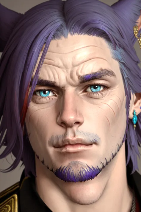 Khit'li L'ocar, beard, blue eyes, blue hair, purple hair, stubble, cat boy, closed mouth, earrings,heterochromia, facial hair, jewelry, looking at viewer, multicolored hair, portrait, red eyes <lora:Miqote_Khitli:0.6>