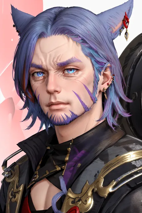 a close up of a person with blue hair and a cat ear