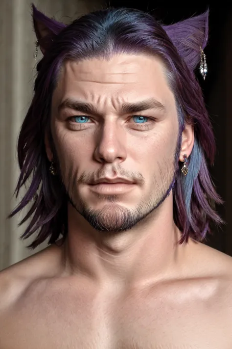 Khit'li L'ocar, beard, blue eyes, blue hair, purple hair, stubble, cat boy, closed mouth, earrings, facial hair, jewelry, looking at viewer, multicolored hair, portrait, red eyes <lora:Miqote_Khitli:0.5>