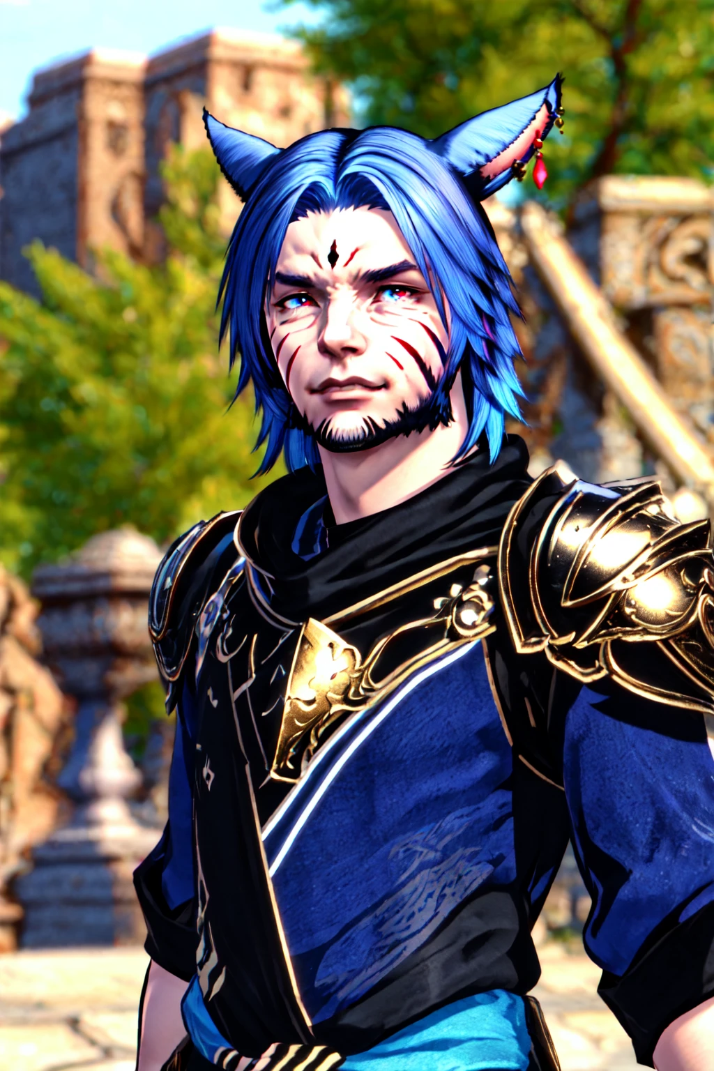 miqote,1 Junge, Tierohren, männlicher Fokus, Blaue Haare, Allein, Gesichtsfleck, Heterochromie, Gesichtsbehaarung, ausgestreckt, rote Augen, Schmuck, Ohrringe, Betrachter betrachten, Oberkörper, Katzenohren, verschwommen background, verschwommen, Bart, blaue Augen, Rüstung, Gesichtstätowierung 