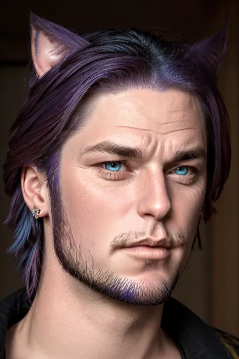 arafed man with purple hair and blue eyes wearing a cat ear