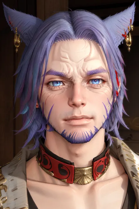 Khit'li L'ocar, beard, blue eyes, blue hair, purple hair, stubble, cat boy, closed mouth, earrings, facial hair, jewelry, looking at viewer, multicolored hair, portrait, red eyes <lora:Miqote_Khitli:0.6>