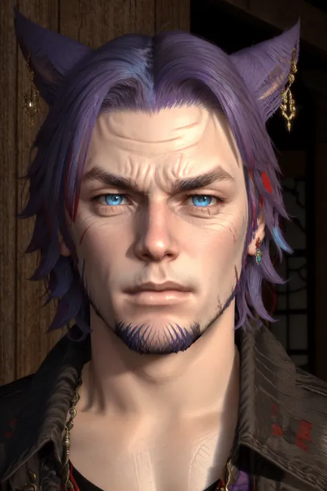 a close up of a person with purple hair and a goat's ear