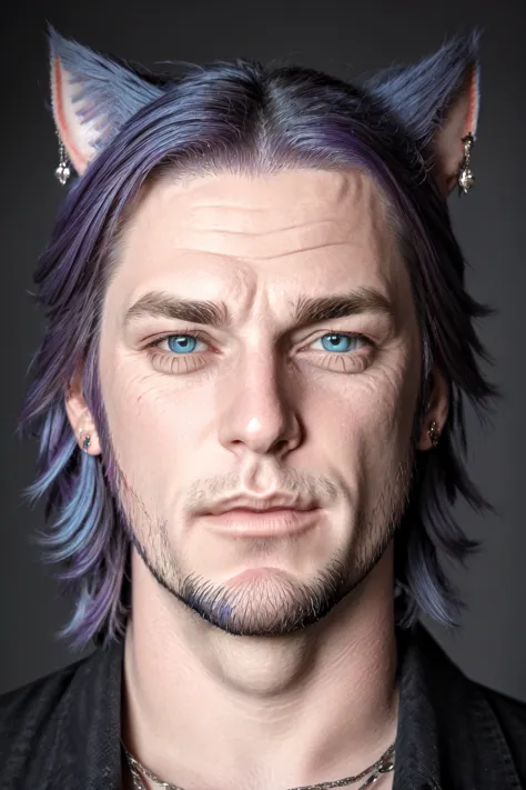 a close up of a man with blue hair and a cat ear