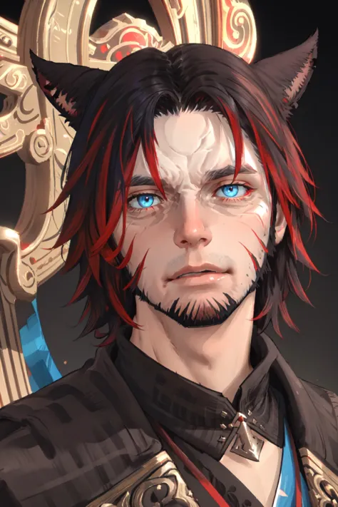 Khit'li L'ocar, beard, black hair, blue background, blue eyes, red eyes,  heterochromia, cat boy, closed mouth, facial hair, looking at viewer, multicolored hair, portrait, red hair, short hair, two-tone hair, realistic, specular highlights,  <lora:Miqote_Khitli:0.6>