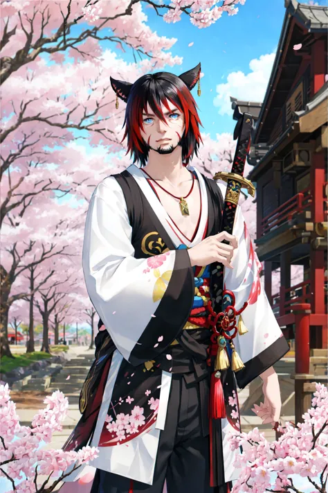 Khit'li L'ocar,  blue eyes, red eyes,  heterochromia, beard, black hair, blurry, cherry blossoms, facial hair, japanese clothes, jewelry, katana, kimono, looking at viewer, multicolored hair, necklace, outdoors, red hair, sheath, sheathed, stubble, sword, tree, two-tone hair, weapon,specular highlights,  <lora:Miqote_Khitli:0.6>