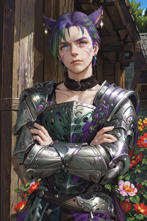 Khit'li L'ocar,  blue eyes, red eyes,  heterochromia,armor, collar, crossed arms, earrings, flower, green hair,  purple hair, jewelry, looking at viewer, multicolored hair, outdoors, pauldrons, scar, short hair, shoulder armor, two-tone hair, upper body, realistic, specular highlights,  <lora:Miqote_Khitli:0.6>