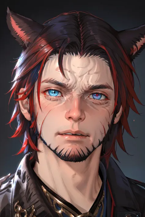 a close up of a man with red hair and blue eyes