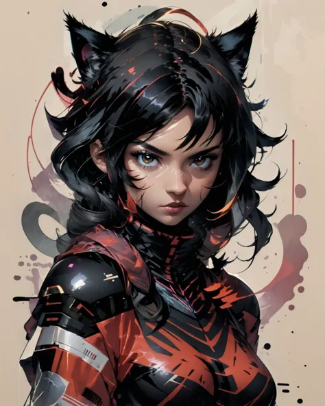 a woman with black hair and red and black cats ears