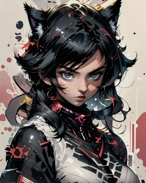 a close up of a woman with black hair and a cat ears