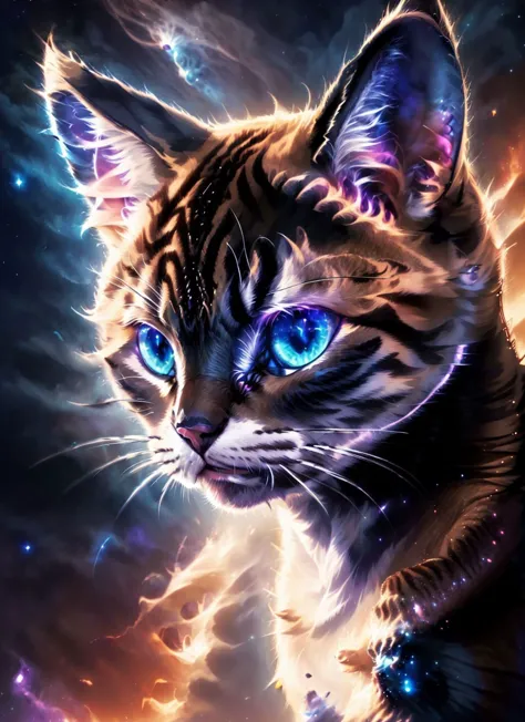 a close up of a cat with blue eyes and a galaxy background