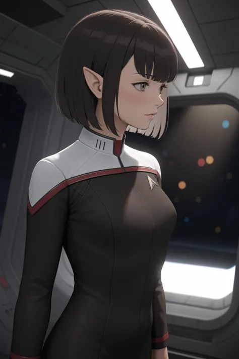side (bob haircut1:1), vulcan girl, star trek , stoddunf uniform with white shoulders,pointy ears,on a space station,near airloc...