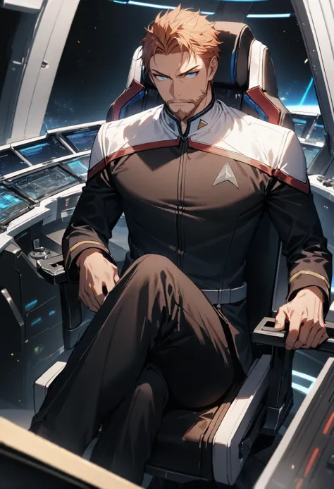 1boy, male focus,ginger hair,short hair,beautiful eyes,detailed eyes,blue eyes,facial hair,faded beard,subtle beard,start trek uniform,stoddunf uniform,white shoulders,spaceship bridge,sitting on the commander chair,crossed legs,controls,staff,monitors,masterpiece,best quality,ultra detailed,<lora:add-detail-xl:1>, <lora:OdysXL:0.8>