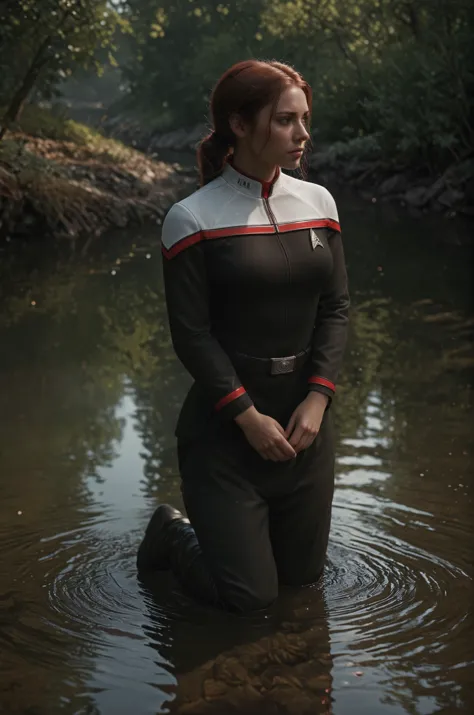 woman kneeling by the edge of a river, gazing at her reflection in the rippling water. Her expression convey a sense of contemplation or introspection,woman in stoddunf uniform with white shoulders with straight red line , looking into the rvier,ominous shadow figure behind her,intricate detail, modern, 16k, digital art, artstation, cinematic lighting, vivid, professional 3d model analog film photo, a portrait of a pretty young woman, faded film, desaturated, 35mm photo, grainy, vignette, vintage, Kodachrome, Lomography, stained, highly detailed, found footage . octane render, highly detailed, volumetric, dramatic lighting <lora:OdysXL:0.8>