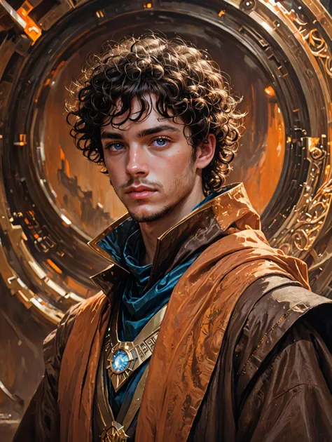 portrait of a highborn male, 18 year old, black short curly hair, blue eyes, futuristic brown robe, dark uniform, masterpiece, s...