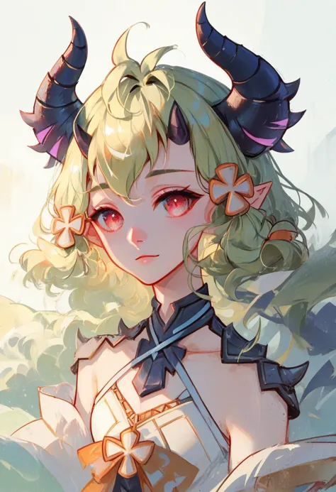 a close up of a anime girl with horns and a bow