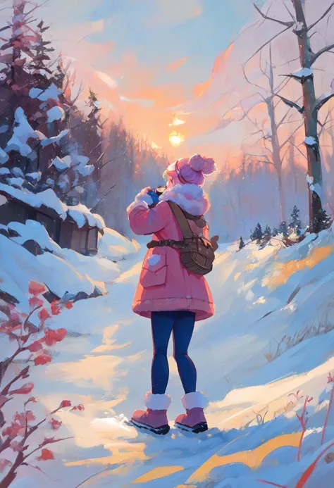 a painting of a girl in a pink coat and hat standing in the snow